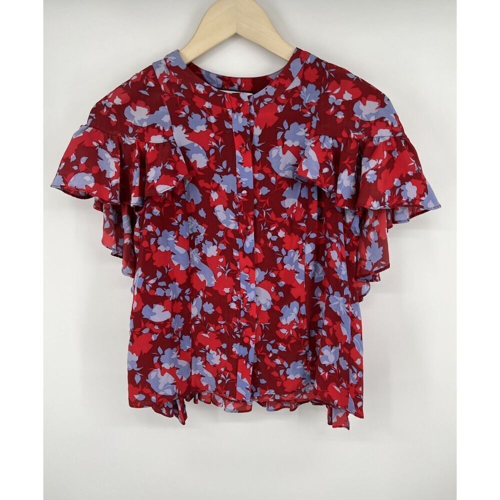 Alexis Danijela 100% Silk Red Floral Ruffle Button Front Cape Blouse Size XS